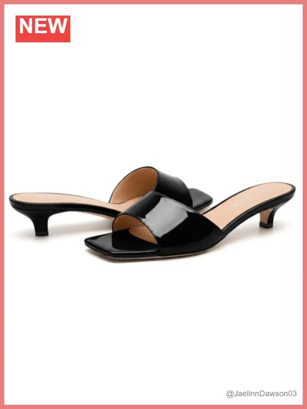 Kitten Heels Slip On Mules Backless Square Toe Sandals Low Heel Patent Leather